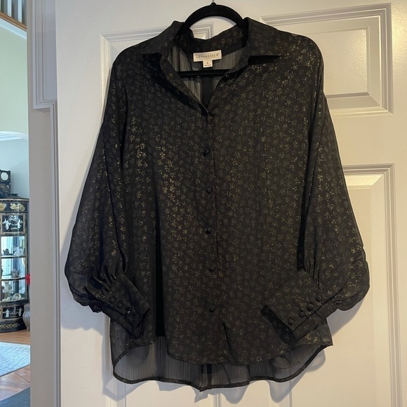 Good condition black and gold sheer blouse.  Sz small - Picture 1 of 11